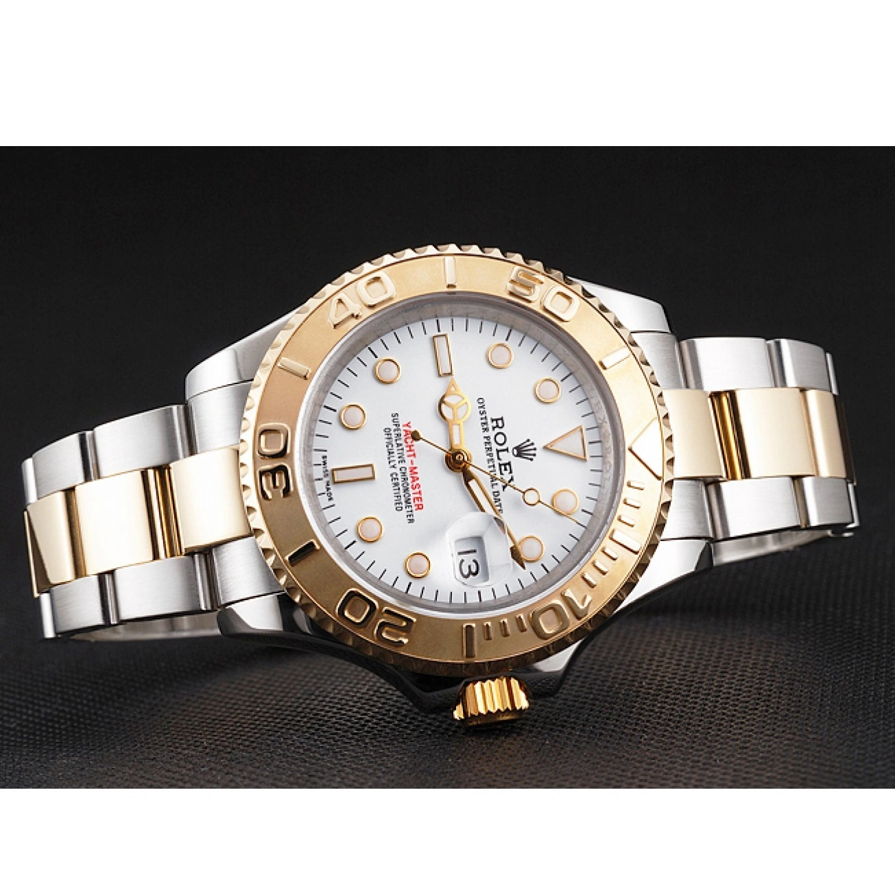 Best AAA Replica Sites Two Bezel White Bracelet Yacht-Master Steel Tone Gold Case Swiss Stainless Rolex Dial 0522